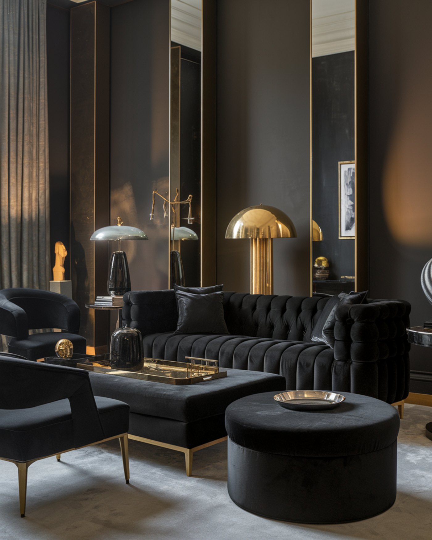 Elegant interior with dark metal-and-glass doors and gold detailing
