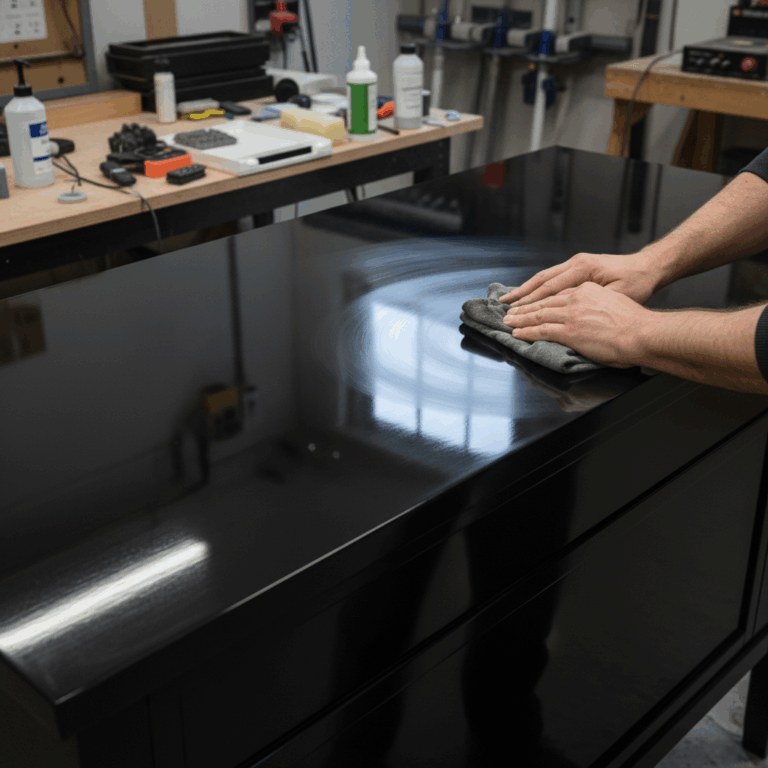 Hands buffing a high-gloss black piano finish back to a mirror shine